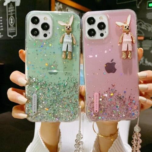Luxury Glitter bling 3D Cartoon bunny Epoxy Lanyard Phone case For iPhone 12 13 11 Pro Max XR X XS SE2020 6 7 8 Plus Stand Cover