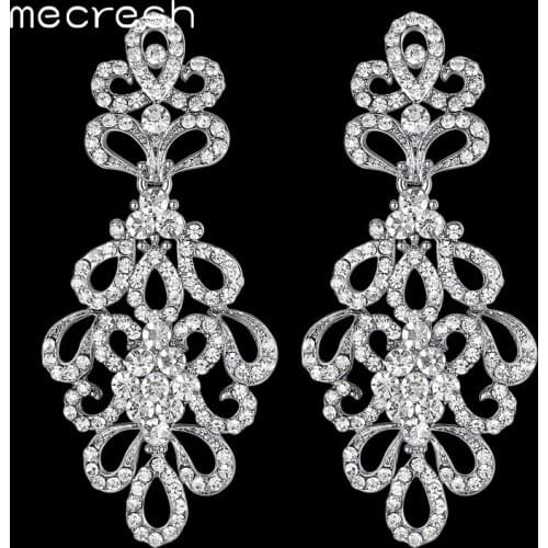 Mecresh Silver Color Crystal Wedding Earrings for Women Flower Bridal Bridesmaid Hanging Earrings Party Christmas Gift EH177