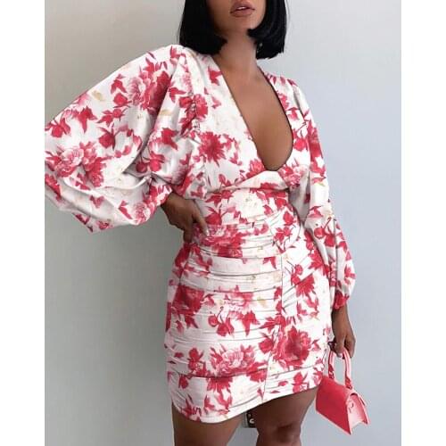 Sexy Deep V-Neck Mini Dress Women Lantern Sleeve Print Pleated Bodycon Dress Summer Casual Party Dresses Elegant Sundress Robe
