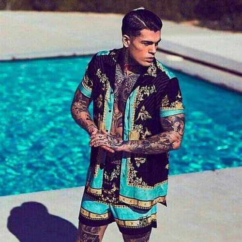 Mens Hawaii Beach Print Short Sleeve Shirt Set Summer Fashion Casual High Quality Breathable Loose Shorts 2-piece Set 2021