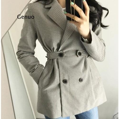 New Autumn Winter Women Blazers Jackets Gray Checkered Plaid Button Outerwear England Style Cardigan Tops