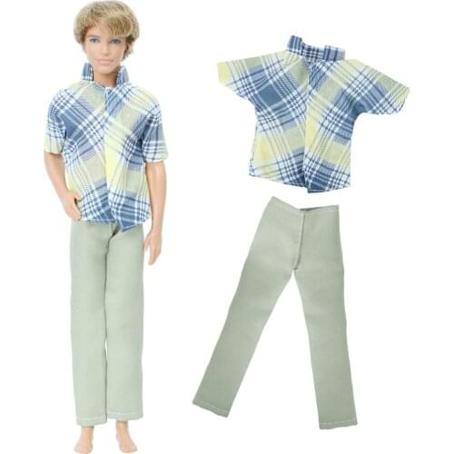 Handmade Casual Outfits Blue-green Striped Plaid T-Shirt Tops Trousers Summer Clothes for Barbie Doll Ken Accessories