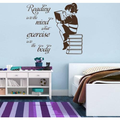 Girl Reading Books Vinyl Wall Mural School Library Decoration Reading Mind Quote Wall Decals Books Reading Lovers Poster AZ602