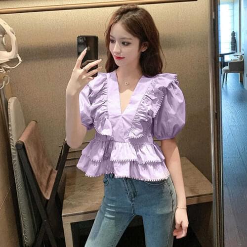 Women Blouses V-neck Long Puff Sleeve Crop Tops Elegant Sexy Ruffle Solid Retro Fashion Slim Womens Shirts New 2021 Y772