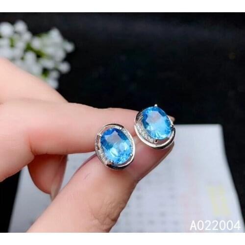 KJJEAXCMY Fine Jewelry 925 sterling silver inlaid natural blue topaz female earrings Ear studs lovely support detection