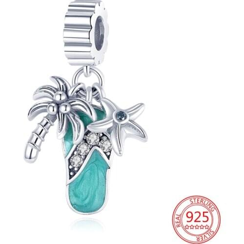 New 925 Sterling Silver Green Palm Beach Slippers Starfish Summer Charms Beads Women DIY Jewelry Fit Original Pandora Bracelet