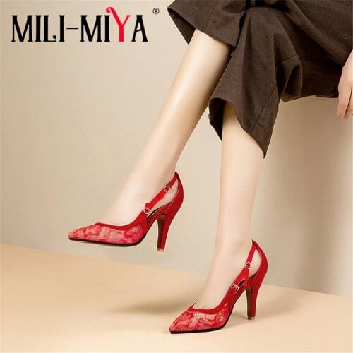 MILI-MIYA Sexy Women Pumps Mesh&Nubuck Breathable Slip-On Solid Color Pointed Toe Thin Heels Dress Wedding Shoes Large Size 50