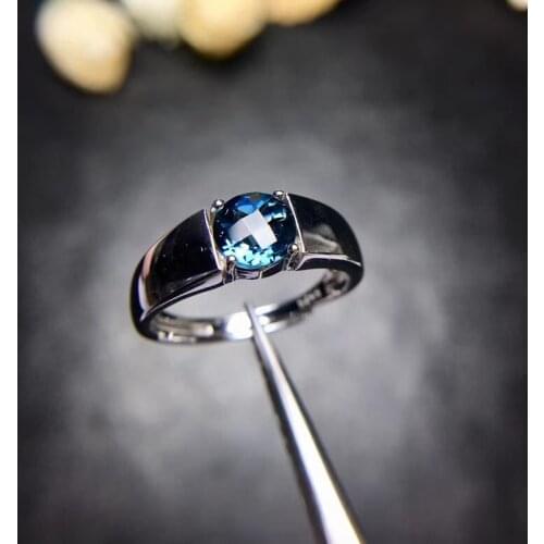Classic heavy square round brief Natural blue topaz gem Ring S925 Silver Natural Gemstone Ring Womens men party gift Jewelry
