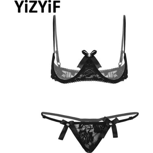 Womens Lingerie open cup bra top Sexy Thong Sheer Lace Bare Exposed Breasts Underwired Shelf Bra with G-string thong underwear
