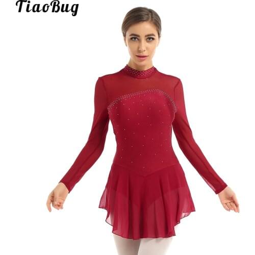 TiaoBug Women Crystals Sheer Mesh Long Sleeves Keyhole Back Opening Figure Ice Skating Roller Skating Ballet Dance Leotard Dress