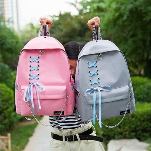 2018 Japan Harajuku Fashion Women Canvas Backpack Ribbons Bow Hanging Chain Teenage Girls Backpack Female Daily Mochila Bagpack