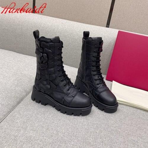 Platform Short Boots Women Winter Genuine Leather Mid-Calf Boots Flowers Lace-up Designer Shoes Zipper Botas De Mujer Size 35-41