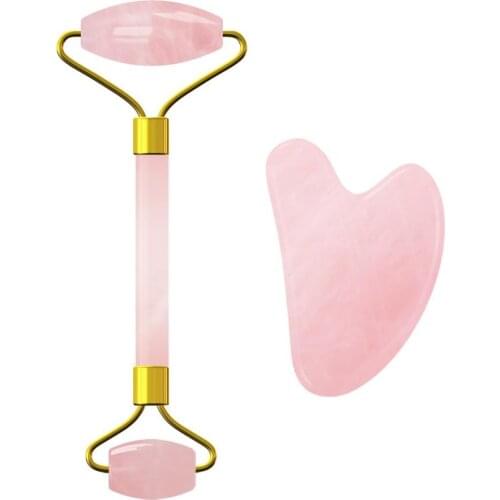 Rose Quartz Jade Massage Roller Guasha Board Set Natural Crystal Stone Face Roller Massager Guasha Gouache Scraper Massage Tool