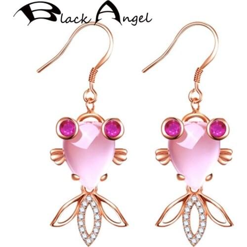 BLACK ANGEL Luxury Rose Quartz Pink Gemstone Small Goldfish Long Drop Earrings For Women Fashion Jewelry Christmas Gift