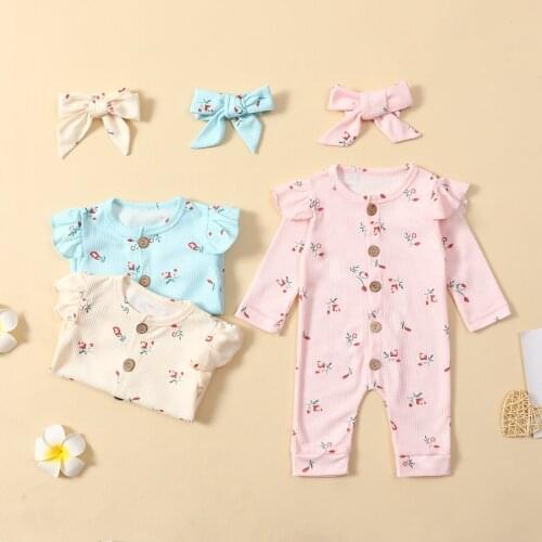 Cute Autumn Spring Toddler Girls Floral Printing Romper Clothes Baby Toddler Long Sleeve Button Jumpsuit+Bowknot Headdress Suit