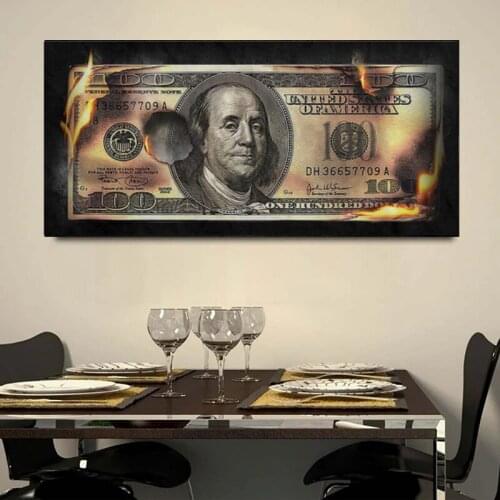 Burning Dollar Modern Art Canvas Inspirational Posters And Prints Creative 100 Dollars Picture Living Room Wall Decor Painting