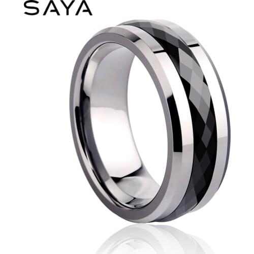 Ring for Men, 8mm Width Tungsten Carbide Inlay Black Multifaceted Ceramic Ring for Wedding, Free Shipping, Customized