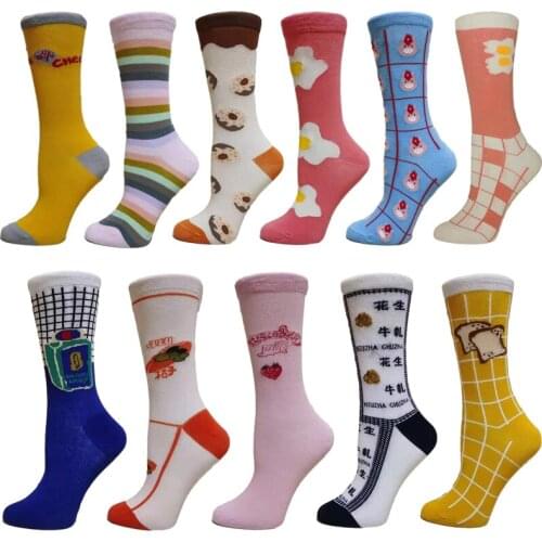 Korean style Harajuku fashion woman socks funny egg donut bread rainbow cute cookie strawberry print socks happy woman