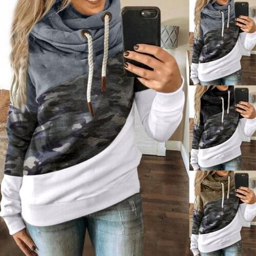 European style fashion womens clothing Women Long Sleeve Camouflage Patchwork Hooded Sweatshirt Autumn Winter Hoodie