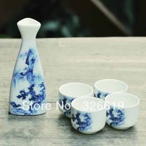 Bar Set Ceramic blue and white ink Japanese style sake wine glass hip flask small handless winecup wine bar set