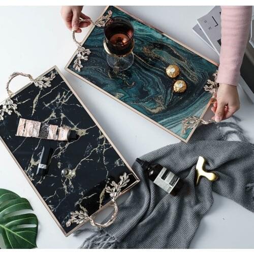 Nordic Agate Marble Texture Tray Gold-plated Glass Fruit Bowl Dessert Tray Jewelry Storage Trays Decoration Golden Handle