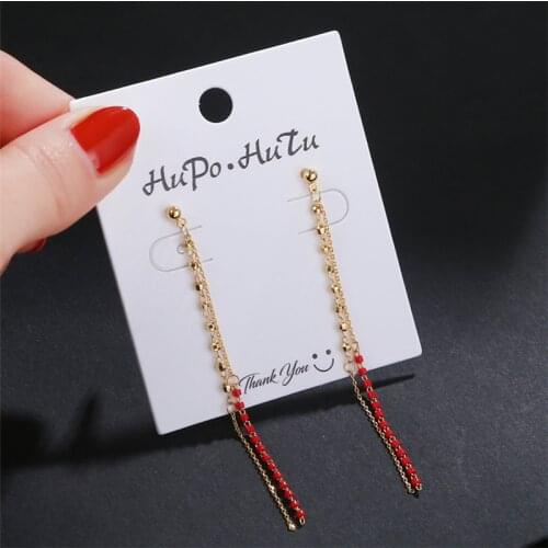 Fashionable metal tassel red coral stone drop earrings long Handmade Beaded chain gold plated Geometric earrings women
