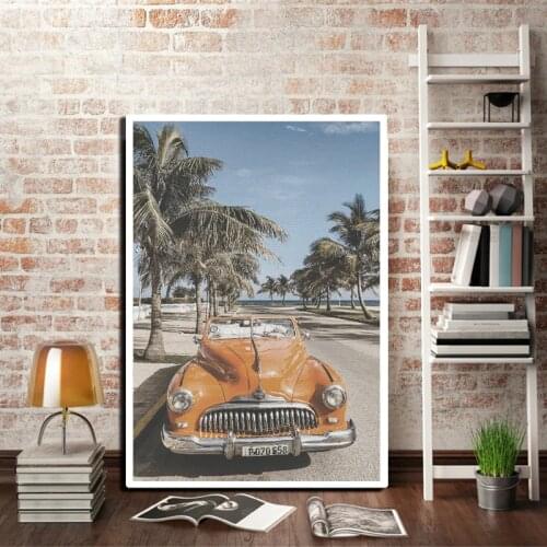 Beach Cuba Landscape Photography Poster Vintage Car Palm Tree Canvas Prints Beach Summer Feeling Wall Art Painting Home Decor