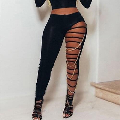 Casual Fashion Sexy High Waist Ripped Leggings Women Black Slim Holes Trousers With Gold Chain Pencil Pants Clothing