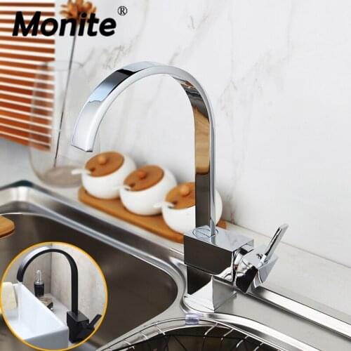 Monite Solid Brass Kitchen Faucet Chrome Polish Basin Faucet Hot & Cold Water Deck Mounted Swivel Mixer Tap Black Counter Top