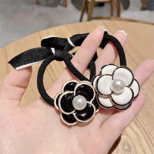 Vintage Black White Camellia Hair Rope Flower Shape Hair Bands Classical Elastic Hair Rubber Ring For Girls Women