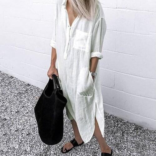 Cotton Linen Shirt Dresses Plus Size Women Casual Solid Button Dress With Pockets V-neck Vintage Beach Long Dress Women Summer