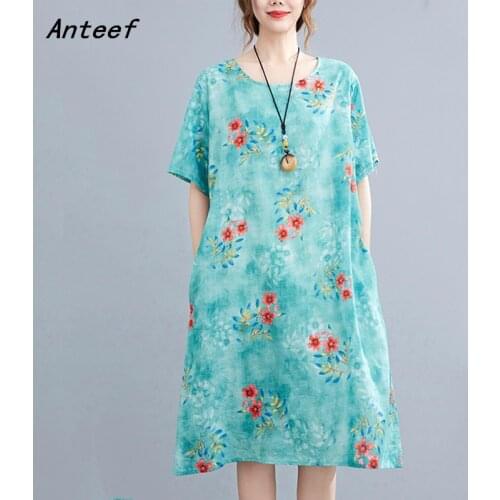 Short sleeve cotton vintage floral dresses for women casual loose midi woman summer dress elegant clothes 2021