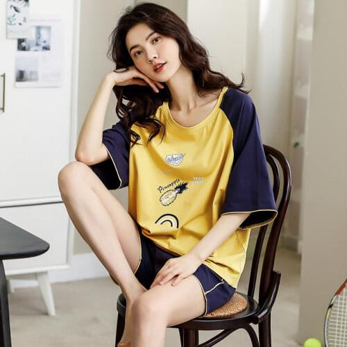 Womens Sleepwear Sexy Pajamas Sets short Sleeve Top + Pants Summer Cute 2 Pieces Pyjama Pj Sets Ladies Cute Homewear Plus Size