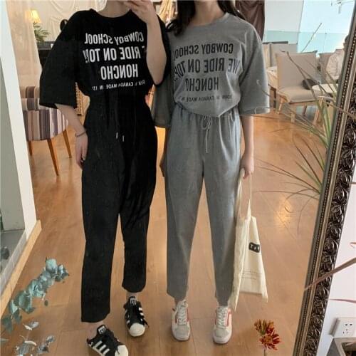 Women Casual Letter Print 2 Piece Sets Fashion O-neck T-shirt and Elastic Waist Pants Suit Female Loose Sportwear Outfit