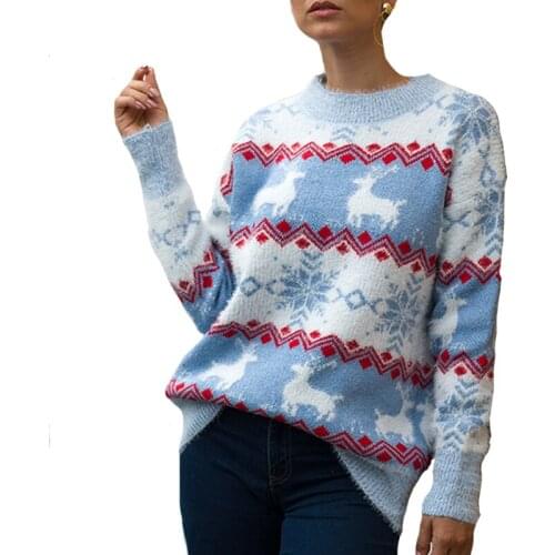 Deer Print Christmas Sweater Women Winter Thick Warm Female Pullover Sweater O-neck Ladies Streetwear Jumper 2019