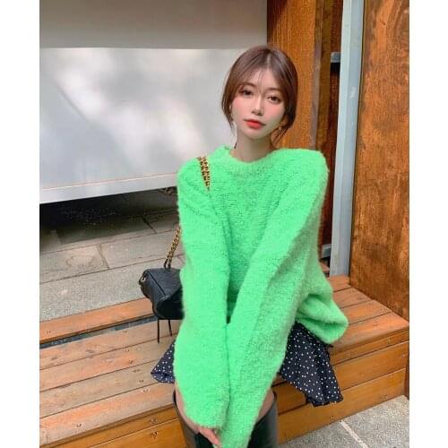 Winter Casual Solid Color Long Sleeve Pullover for Women O-neck Plus Velvet Loose Knitted Sweater Streetwear Fashion Knit Jumper