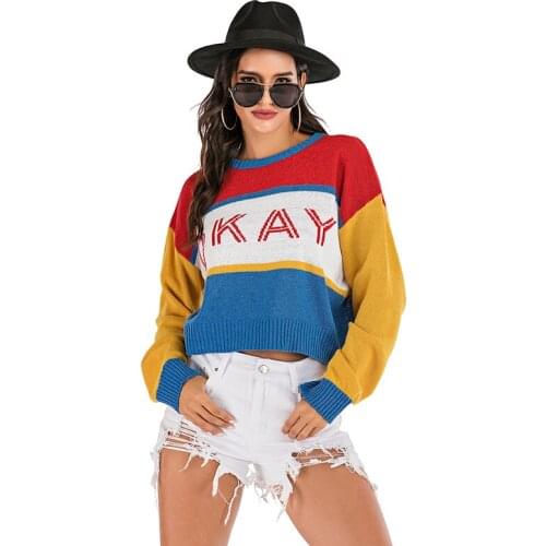 2021 Autumn Winter Loose Sweater Women Long Sleeve Knitted Pullovers Letter Patchwork O-Neck Casual Short Woman Sweaters Femme