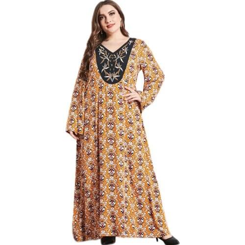 Ramadan Islamic Muslim Women Long Dress Print Arab Abaya Middle East Casual Loose V-neck Bohemian Dress Spring Summer Kaftan New
