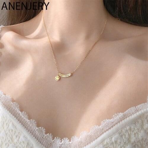 ANENJERY 925 Sterling Silver Happy Curved Letter Smiling Face Chain Necklace for Women Gold Color Charm Necklace S-N702