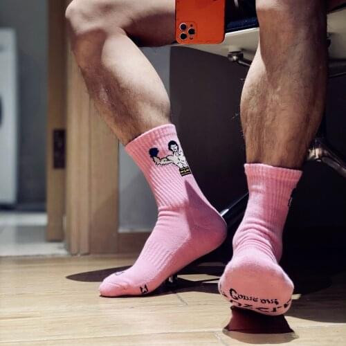 1pair Fashion White Yellow Pink Color Cartoon Socks Sexy Men Sports Tube Football Streetwear Socks Comfortable Socks