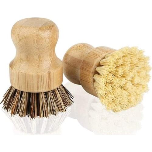 Bamboo Dish Brush 2Pcs Bamboo Mini Scrub Brush Pot Brushes Dish Scrubber for Cast Iron Skillet, Kitchen Sink, Bathroom