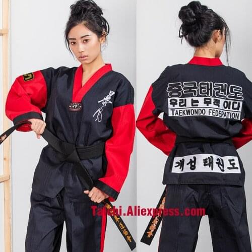 Martial Arts TKD Tae Kwon Do Korea V-neck Adult Taekwondo Dobok for Poomsae & Training,WTF Uniform,160-190cm black+red