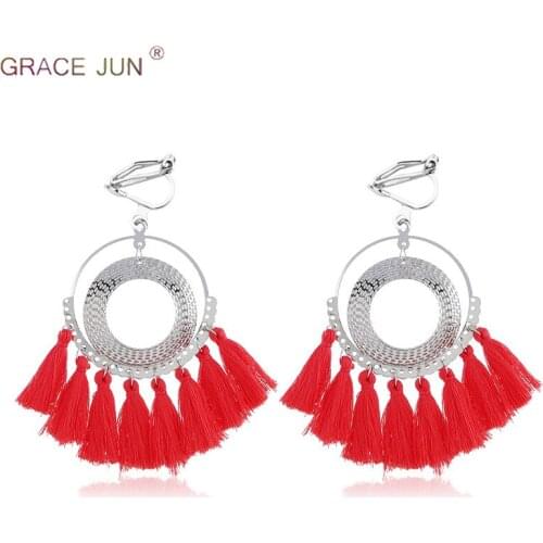 GRACE JUN Top Quality Bohemian Long Tassel Big Clip on Earrings for Women Ethnic Bridal Wedding No Ear Hole Earrings Not Allergy