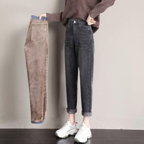 Winter Jeans for Women Velvet Thick Warm Denim Pants High Waist Fleece Mom Jeans Baggy Vintage Wide Leg Harem Denim Pants