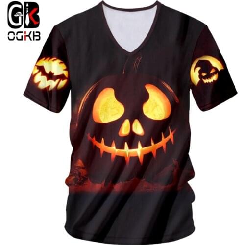 OGKB Mens 3D Printed Flame Funny Pumpkin Pattern V Neck Tshirt Large Size Leisure Man Horrible Halloween T-shirt 6XL
