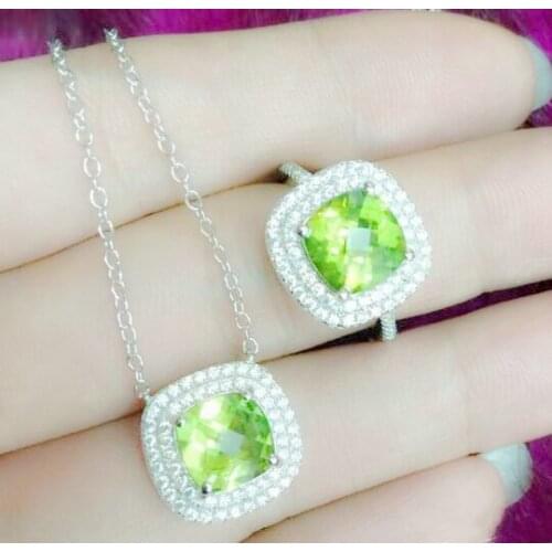 Natural real peridot square jewelry set 925 sterling sliver Free shipping 1pc ring 1pc necklace 2.3ct*2pcs gemstone X912112