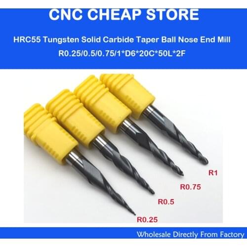 4pc D6 Tapered Ball Nose End Mill R0.25&0.5&0.75&1.0mm HRC55 solid carbide Coated cone cnc milling cutter engraving grinding bit