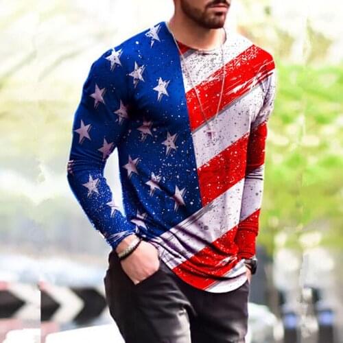 Fashion Stars Striped Flag Printed Mens T Shirts 2021 Autumn New Men Long Sleeve Tshirt O-Neck Pullover Tops Oversized Male Tees