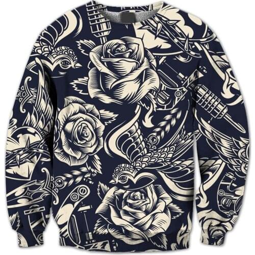 REAL AMERICAN US SIZE Tattoo Roses Ink Art 3D Sublimation print Crewneck Sweatshirts plus size 4XL 5XL 6XL