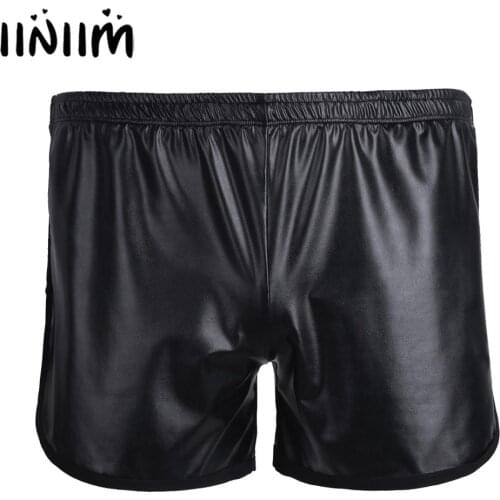 Iiniim Mens Lingerie Faux Leather Hot Sexy Wetlook Clubwear Boxer Short with a Back Pocket Loose Style Shorts for Men